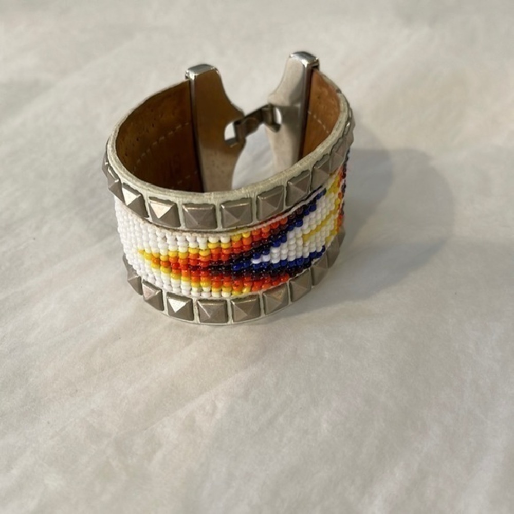 Leather beaded Aztec print cuff